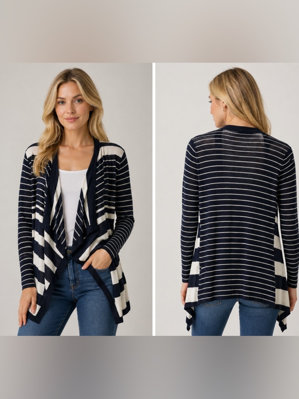 Cyrus Navy and Cream Striped Open-Front Cardigan - Size M